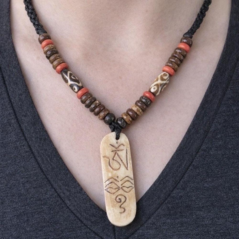 Vintage Carved Symbolic Pendant Necklace Beaded Cord